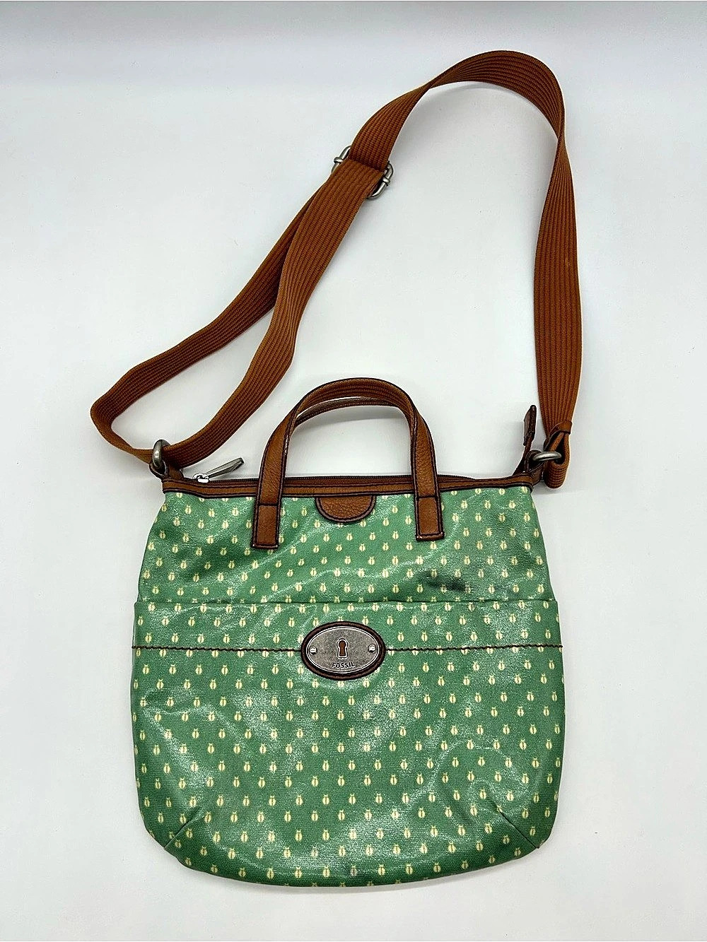 Fossil Key-Per Polka Dot Tote in Green & Brown